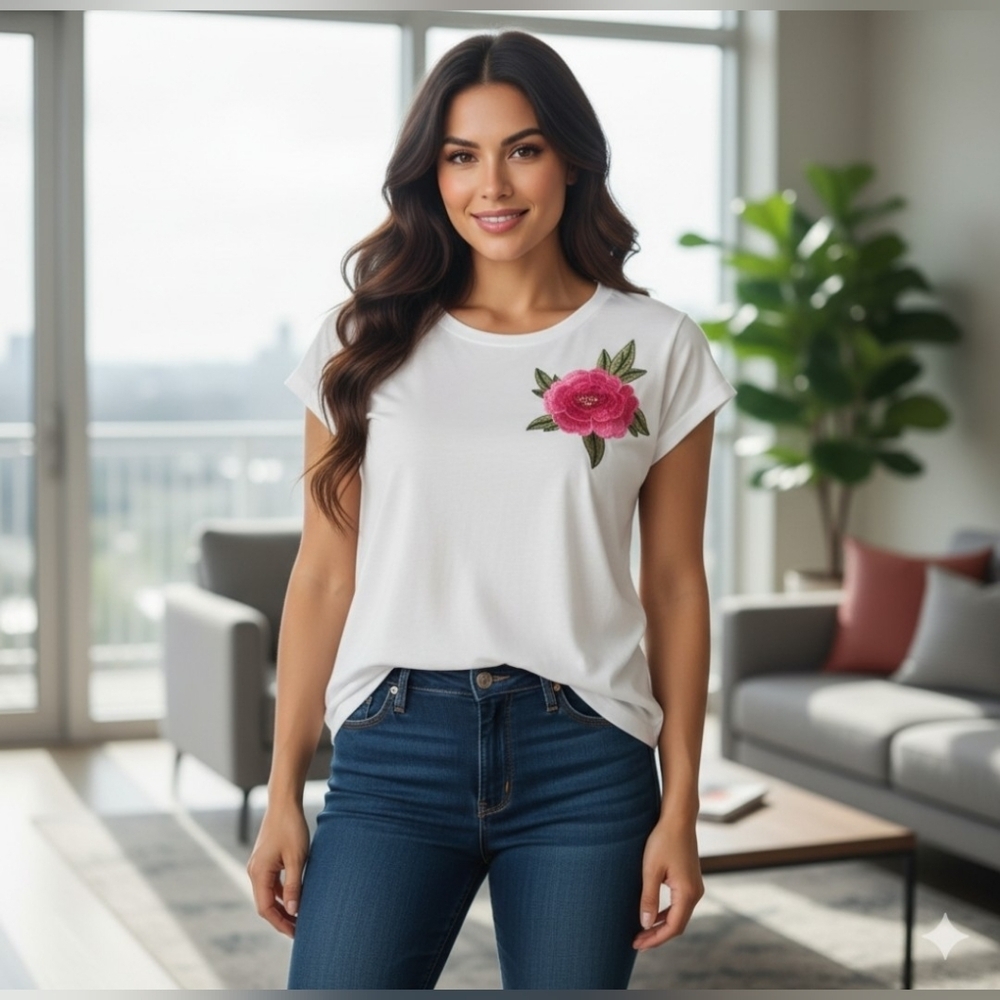 Sadie And Sage Boho Lightweight Loose T-shirt 3D Flower Embroidered Size L